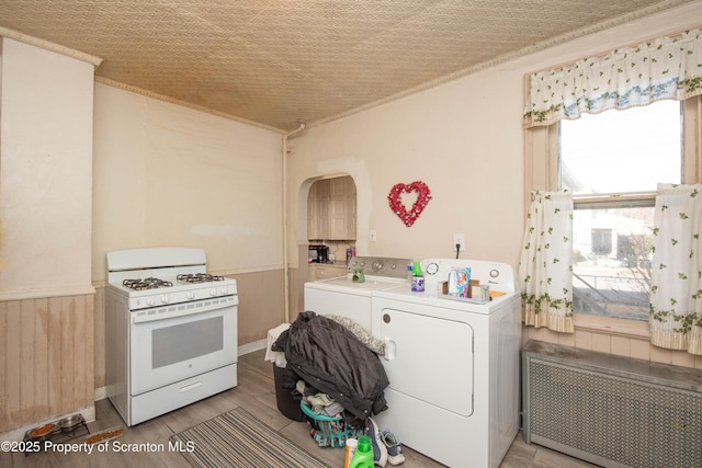 laundry area with laundry area, radiator heating unit, an ornate ceiling, light wood-style floors, and wainscoting