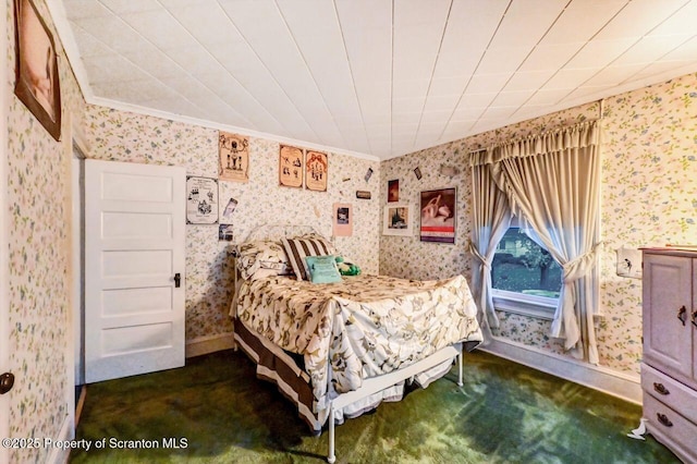 bedroom featuring dark carpet