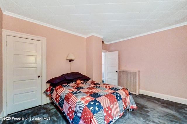 carpeted bedroom featuring ornamental molding