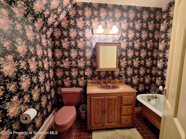 bathroom with vanity, tile patterned flooring, toilet, a tub to relax in, and a baseboard radiator