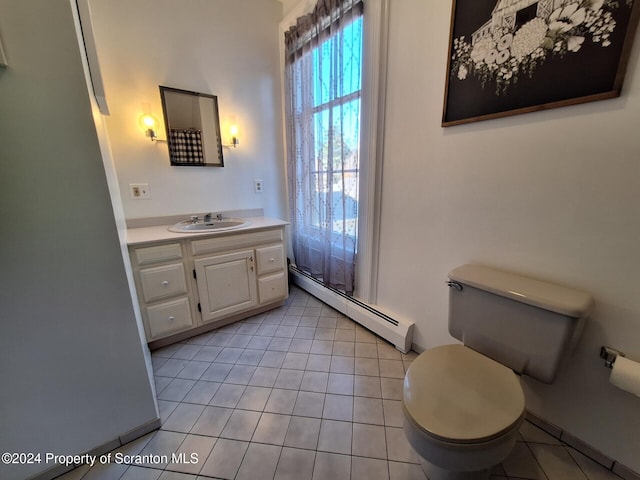 bathroom featuring tile patterned flooring, vanity, toilet, and a baseboard heating unit