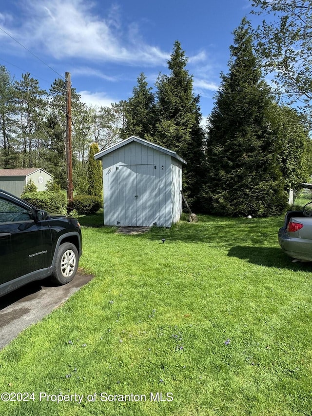 view of yard with a shed