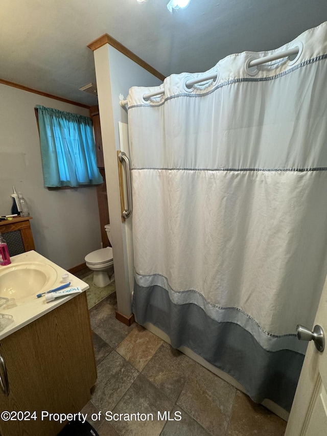 bathroom featuring toilet, vanity, and ornamental molding