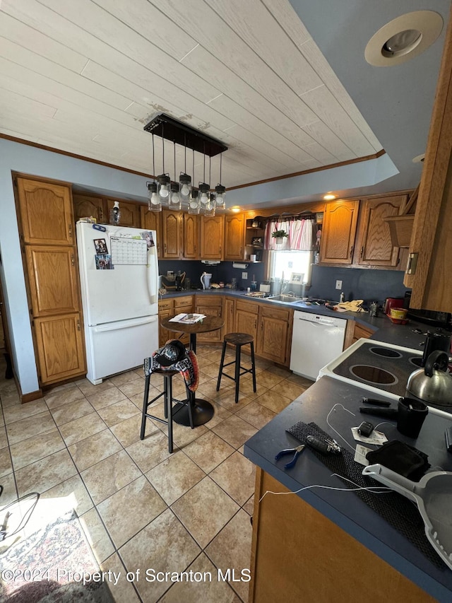 kitchen with ornamental molding, wood ceiling, white appliances, decorative light fixtures, and light tile patterned flooring