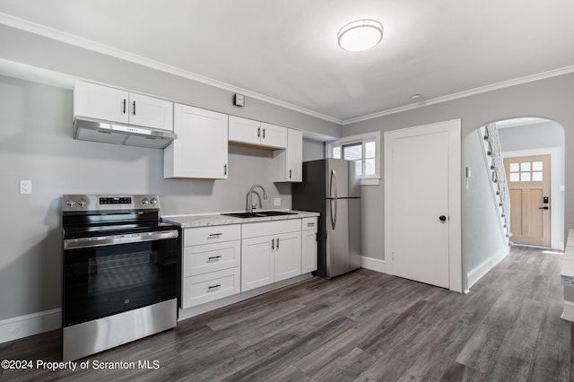 kitchen featuring white cabinets, crown molding, sink, and appliances with stainless steel finishes