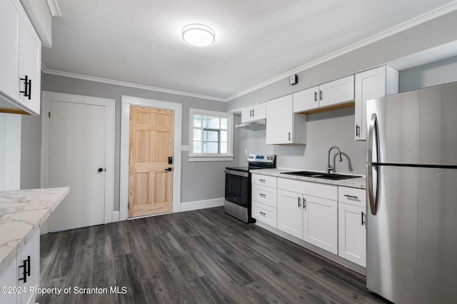 kitchen with light stone countertops, stainless steel appliances, white cabinetry, and sink