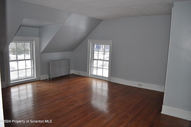 additional living space featuring dark hardwood / wood-style flooring, radiator heating unit, and a healthy amount of sunlight