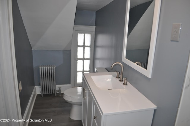 bathroom featuring vanity, toilet, radiator heating unit, and wood-type flooring