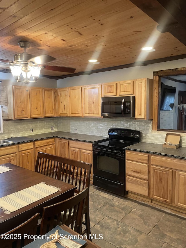 841 Hill St, Archbald, PA 18403 - kitchen featuring black electric range, backsplash, a ceiling fan, wood ceiling, and light brown cabinetry