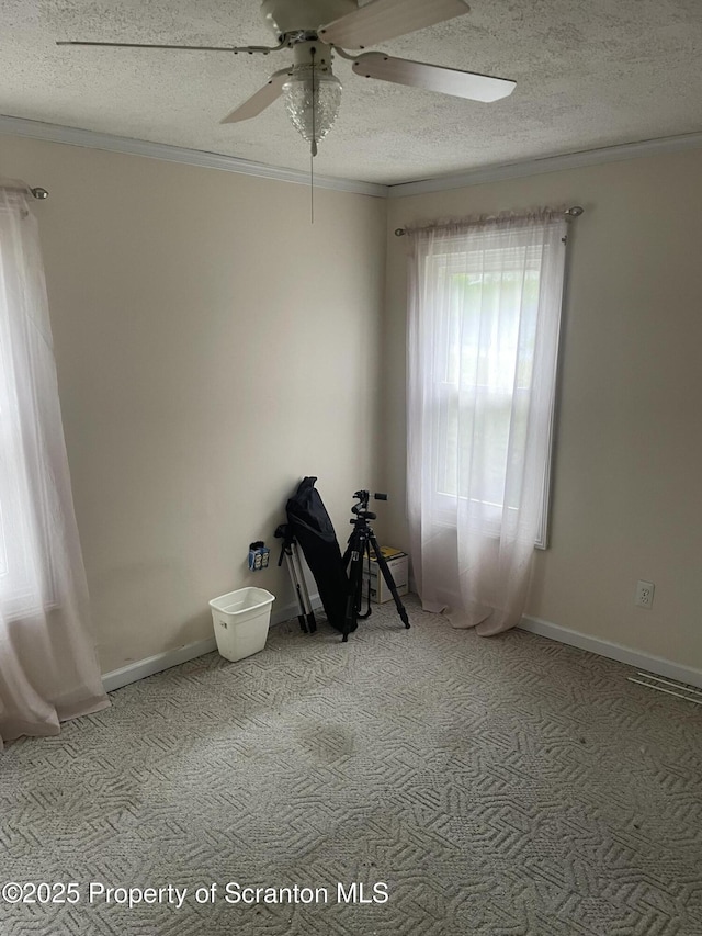 841 Hill St, Archbald, PA 18403 - carpeted spare room with crown molding, a textured ceiling, a ceiling fan, and baseboards