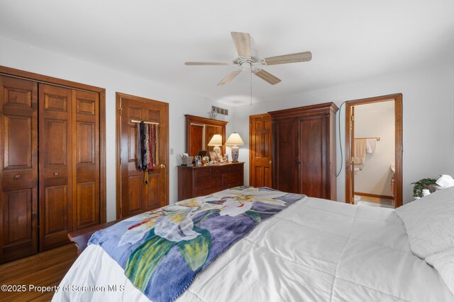 1200 Merion Cir, Clarks Summit, PA 18411 - bedroom featuring wood finished floors, ceiling fan, and connected bathroom