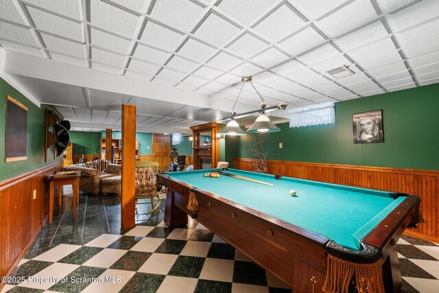 1200 Merion Cir, Clarks Summit, PA 18411 - game room with wainscoting, wooden walls, billiards table, and dark floors