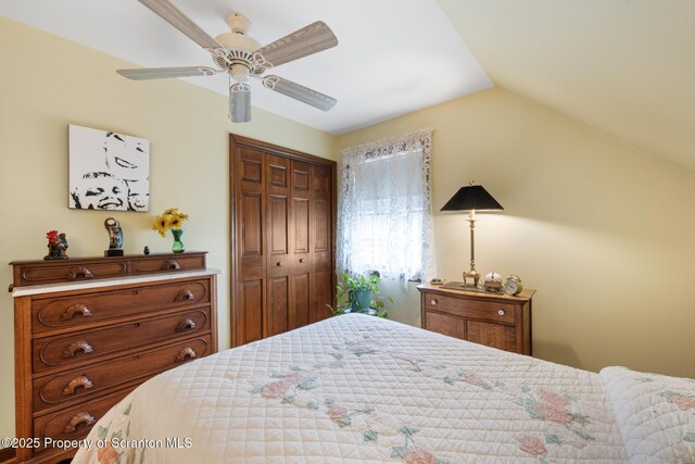 1200 Merion Cir, Clarks Summit, PA 18411 - bedroom featuring a closet, ceiling fan, and lofted ceiling