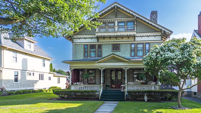 1012 Sunset St, Scranton, PA 18509 - victorian house with covered porch, a front yard, a balcony, and a chimney