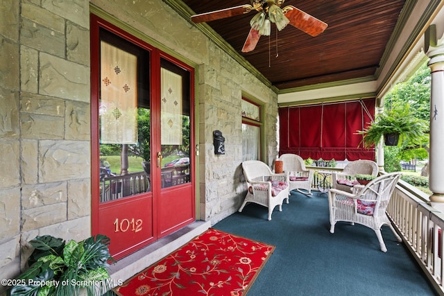 1012 Sunset St, Scranton, PA 18509 - entrance to property featuring stone siding, a porch, and ceiling fan
