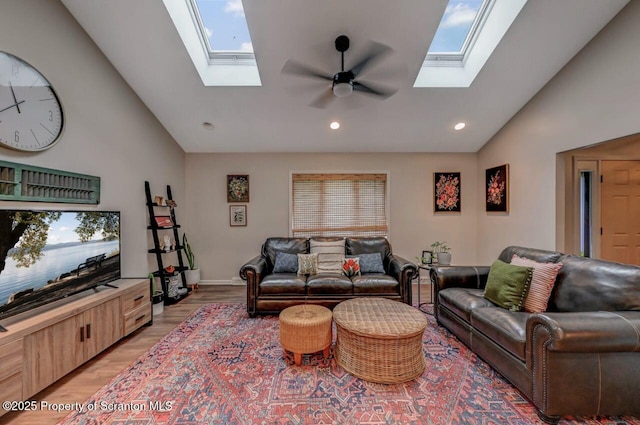 993 Oakmont Rd, Clarks Summit, PA 18411 - living area with a skylight, high vaulted ceiling, light wood-type flooring, recessed lighting, and a ceiling fan