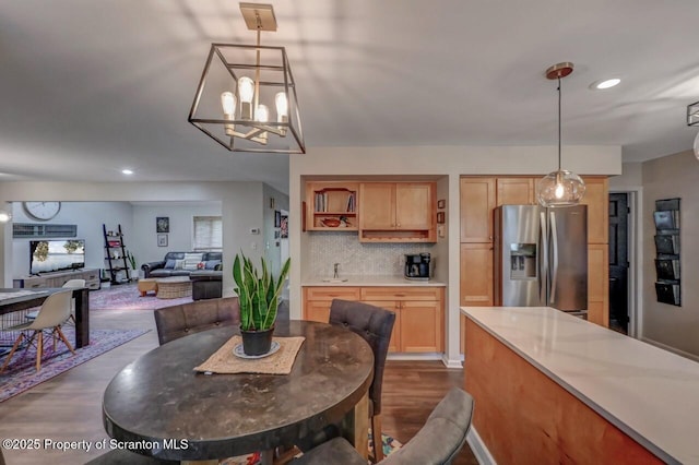 993 Oakmont Rd, Clarks Summit, PA 18411 - dining area with dark wood-style floors, recessed lighting, and a chandelier