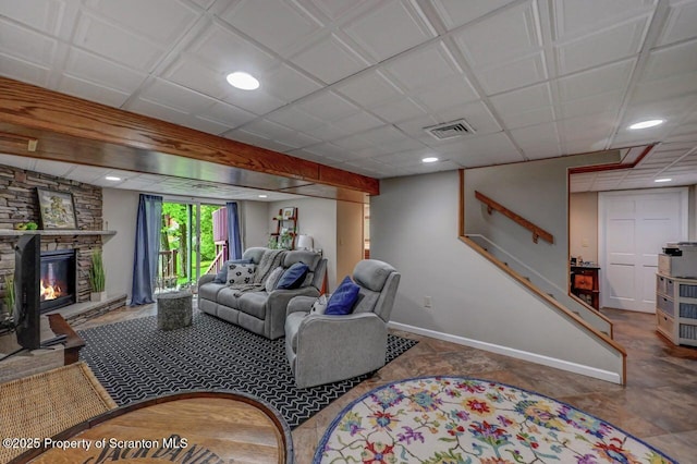 993 Oakmont Rd, Clarks Summit, PA 18411 - living area featuring stairway, a fireplace, baseboards, and recessed lighting