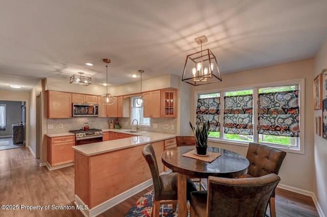 993 Oakmont Rd, Clarks Summit, PA 18411 - kitchen featuring appliances with stainless steel finishes, a sink, light countertops, a peninsula, and wood finished floors