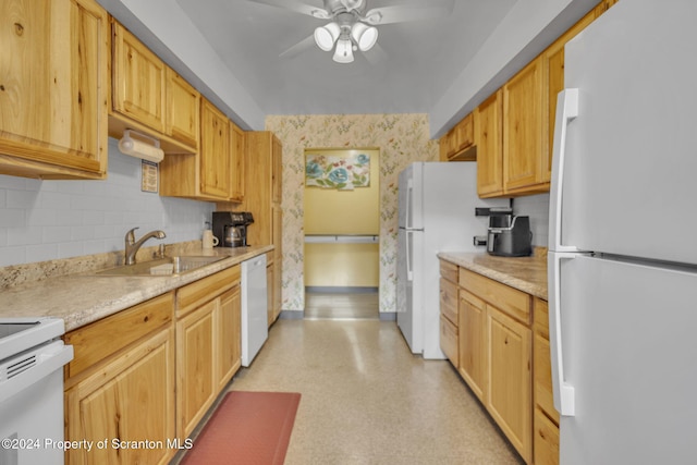 kitchen featuring backsplash, white appliances, ceiling fan, sink, and light brown cabinets