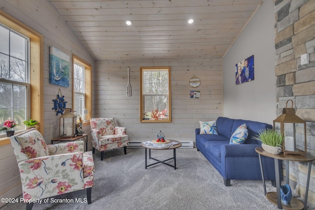 living room featuring wood walls, carpet, wooden ceiling, and lofted ceiling