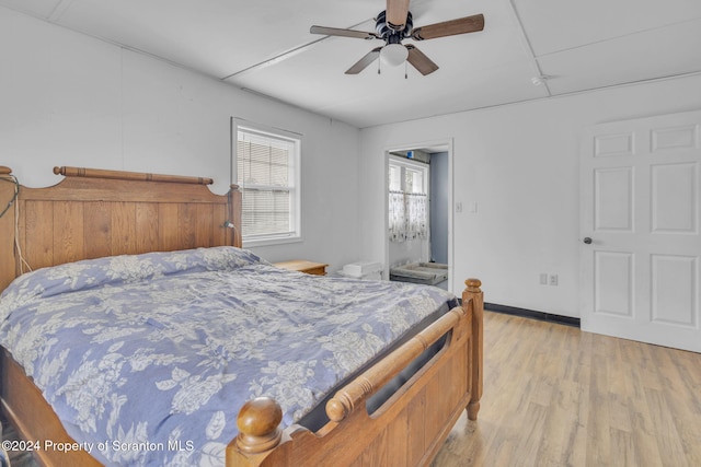 bedroom featuring ceiling fan and light wood-type flooring