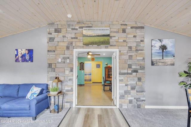 living room featuring wooden ceiling, vaulted ceiling, and hardwood / wood-style flooring