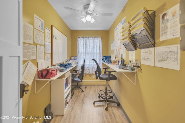 office space with ceiling fan and light wood-type flooring