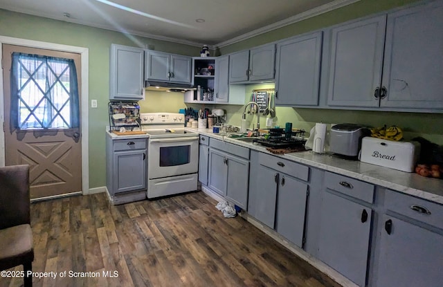 730732 Minooka Ave, Moosic, PA 18507 - kitchen featuring white electric range oven, gray cabinets, under cabinet range hood, a sink, and dark wood-style flooring