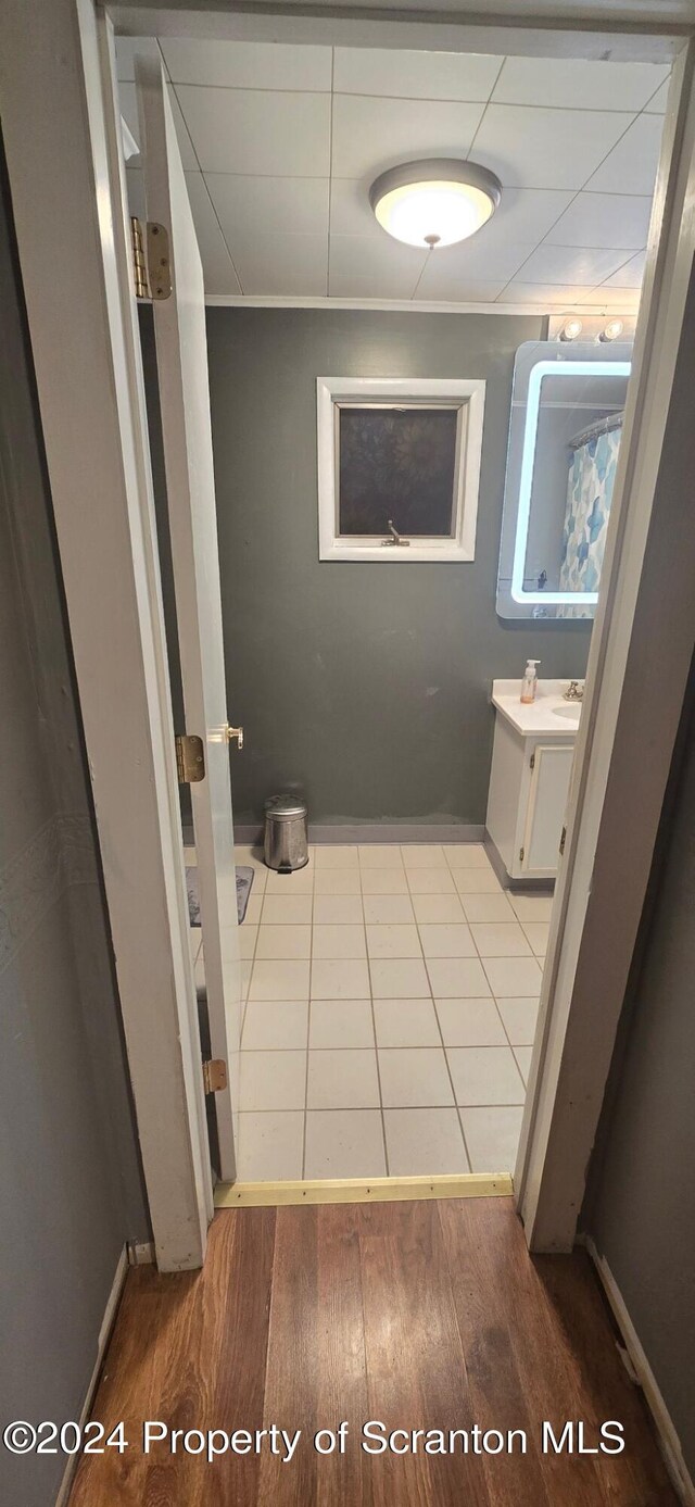 bathroom featuring vanity and wood-type flooring