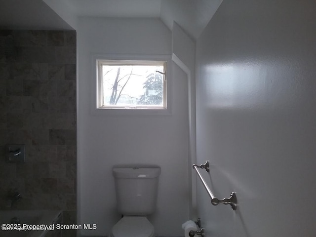 bathroom with lofted ceiling and toilet