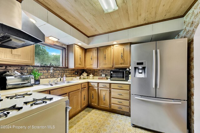 kitchen with white gas range, sink, stainless steel fridge with ice dispenser, range hood, and wood ceiling