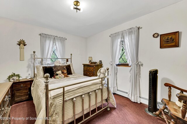 bedroom with multiple windows and dark carpet