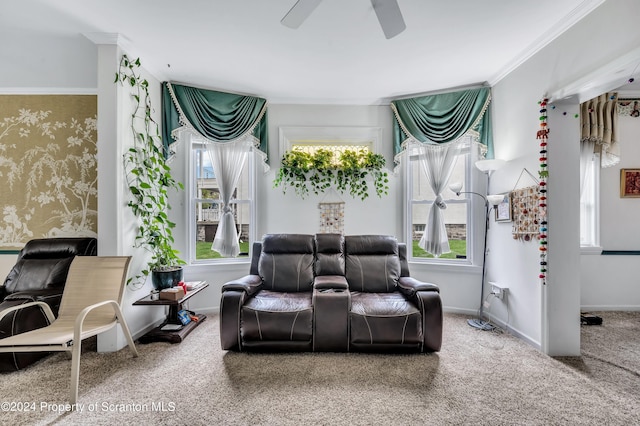 interior space with ceiling fan, crown molding, and a wealth of natural light