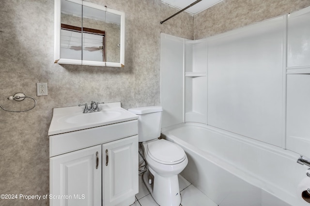 full bathroom with tile patterned flooring, shower / washtub combination, vanity, and toilet