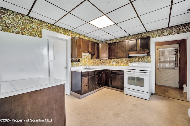 kitchen featuring dark brown cabinets, white appliances, a paneled ceiling, and sink