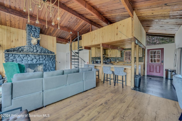 149 Lincoln Green Ln, Newfoundland, PA 18445 - living room featuring high vaulted ceiling, a stone fireplace, beamed ceiling, light hardwood / wood-style floors, and wood ceiling