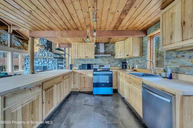 149 Lincoln Green Ln, Newfoundland, PA 18445 - kitchen featuring light brown cabinets, electric range oven, stainless steel dishwasher, and wall chimney range hood