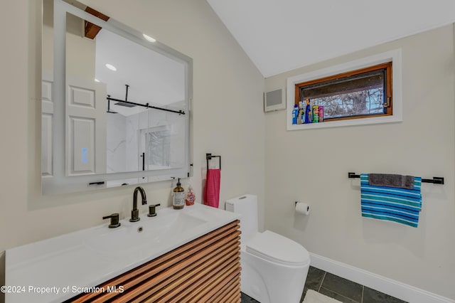149 Lincoln Green Ln, Newfoundland, PA 18445 - bathroom featuring tile patterned floors, an enclosed shower, vanity, toilet, and lofted ceiling