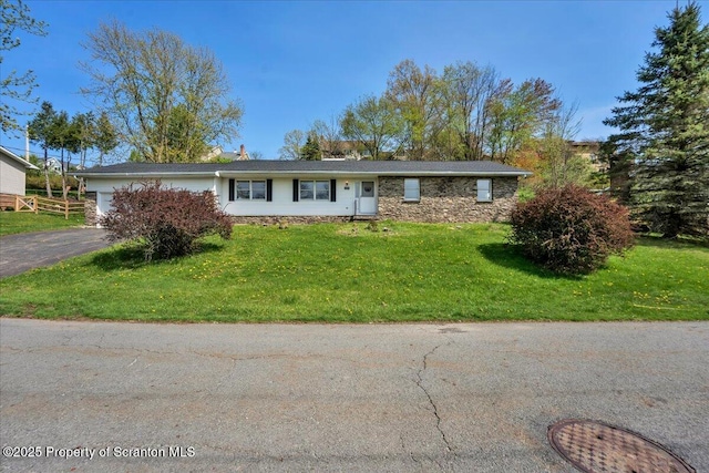 906 Violet Ter, Clarks Summit, PA 18411 - single story home with a front yard, fence, aphalt driveway, an attached garage, and stone siding