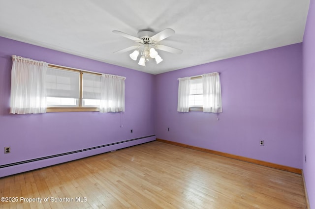 817 Miles Ave, Dickson City, PA 18447 - empty room featuring baseboard heating, baseboards, ceiling fan, and light wood finished floors