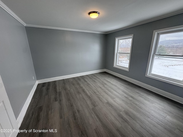 empty room featuring dark hardwood / wood-style floors and ornamental molding