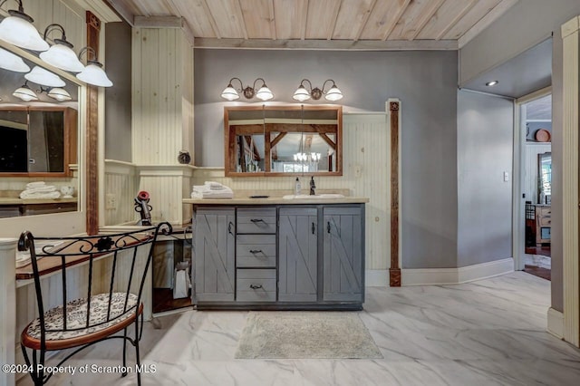 bathroom with vanity and wood ceiling