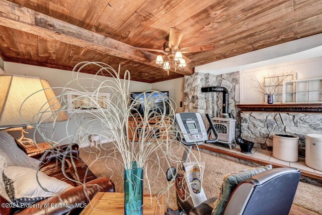 room details featuring beamed ceiling, ceiling fan, a wood stove, and wood ceiling