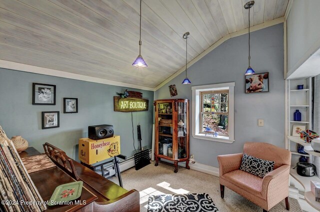 carpeted living room with lofted ceiling and wooden ceiling