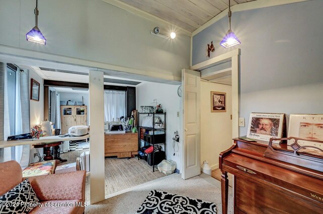 corridor featuring wooden ceiling, carpet floors, and vaulted ceiling