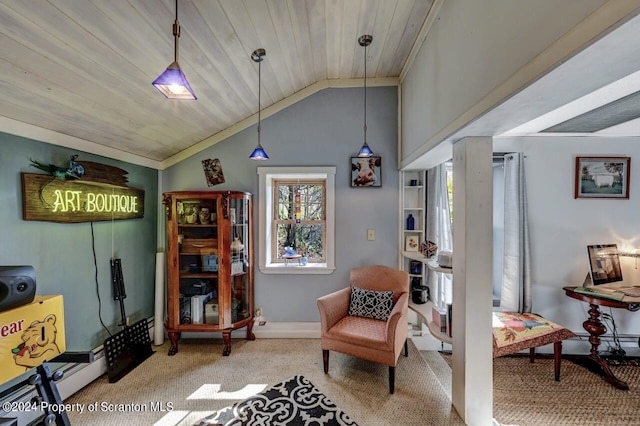 sitting room featuring light carpet, wooden ceiling, and lofted ceiling