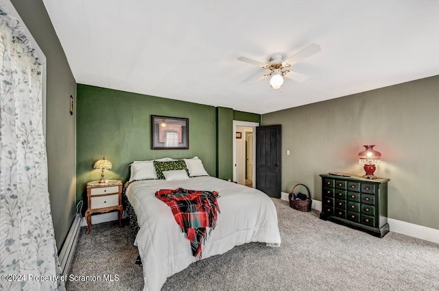 carpeted bedroom featuring ceiling fan and baseboard heating