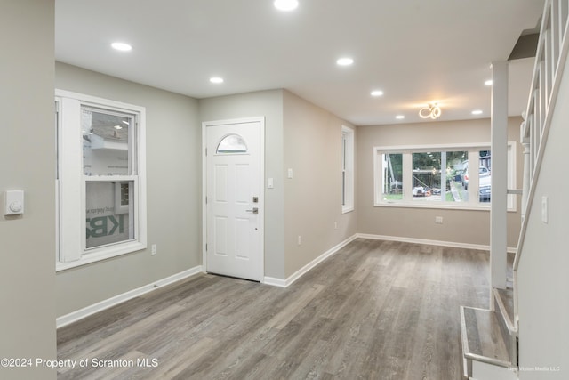 entryway with wood-type flooring