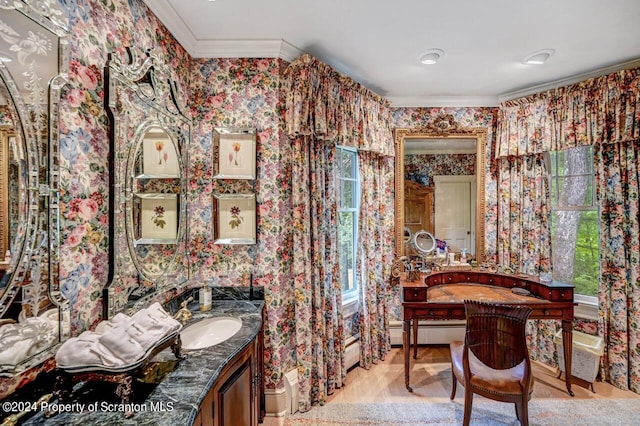 bathroom with plenty of natural light, sink, ornamental molding, and baseboard heating